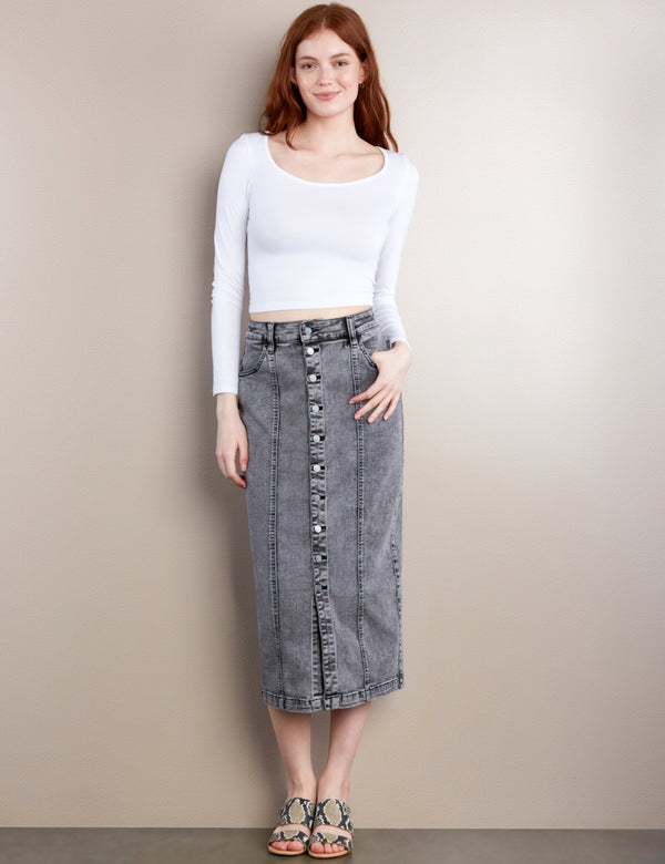 Women's Fashion Brand Black Diamond Wash Button Front Midi Pencil Skirt