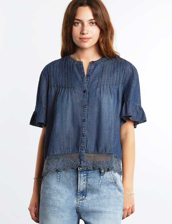 Women's Cafe Pleats Top Puff Sleeve Lace Hem Pleated Top – Billy T