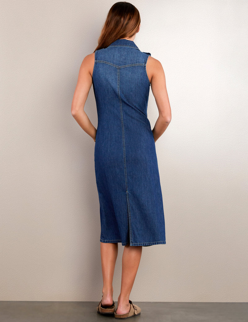 Women's Fashion Brand Sleeveless Dark Wash Denim Midi Shirtdress