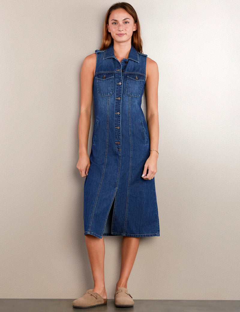 Women's Fashion Brand Sleeveless Dark Wash Denim Midi Shirtdress