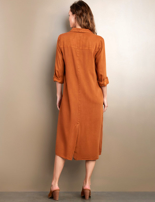 Women's Fashion Brand Rust Color Tencel Midi Shirtdress