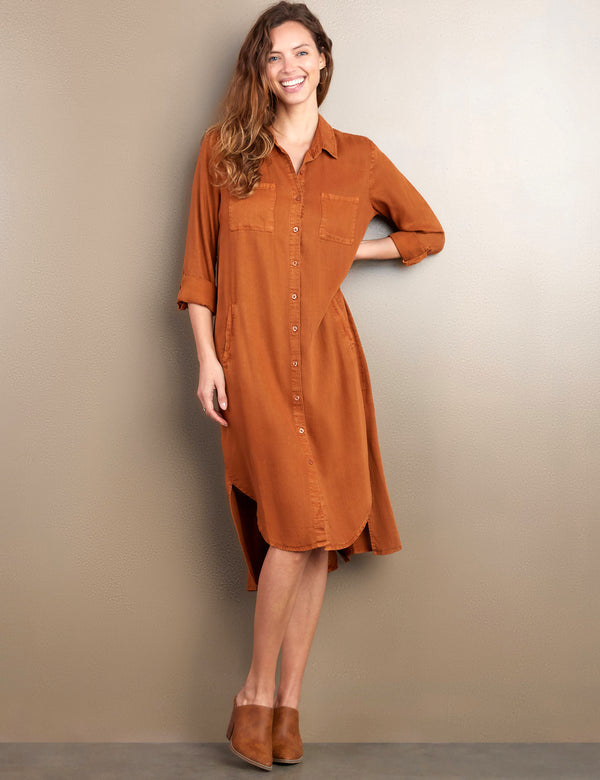 Women's Fashion Brand Rust Color Tencel Midi Shirtdress