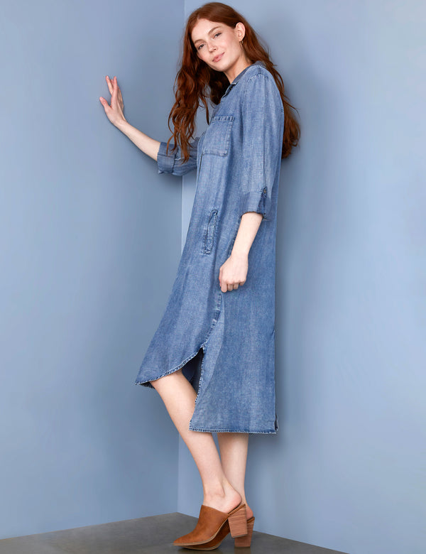 Women's Fashion Brand Reverse Blue High-Low Shirtdress