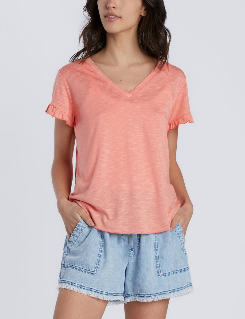 Ruffle Sleeve V-Neck Tee in Citrus Front View
