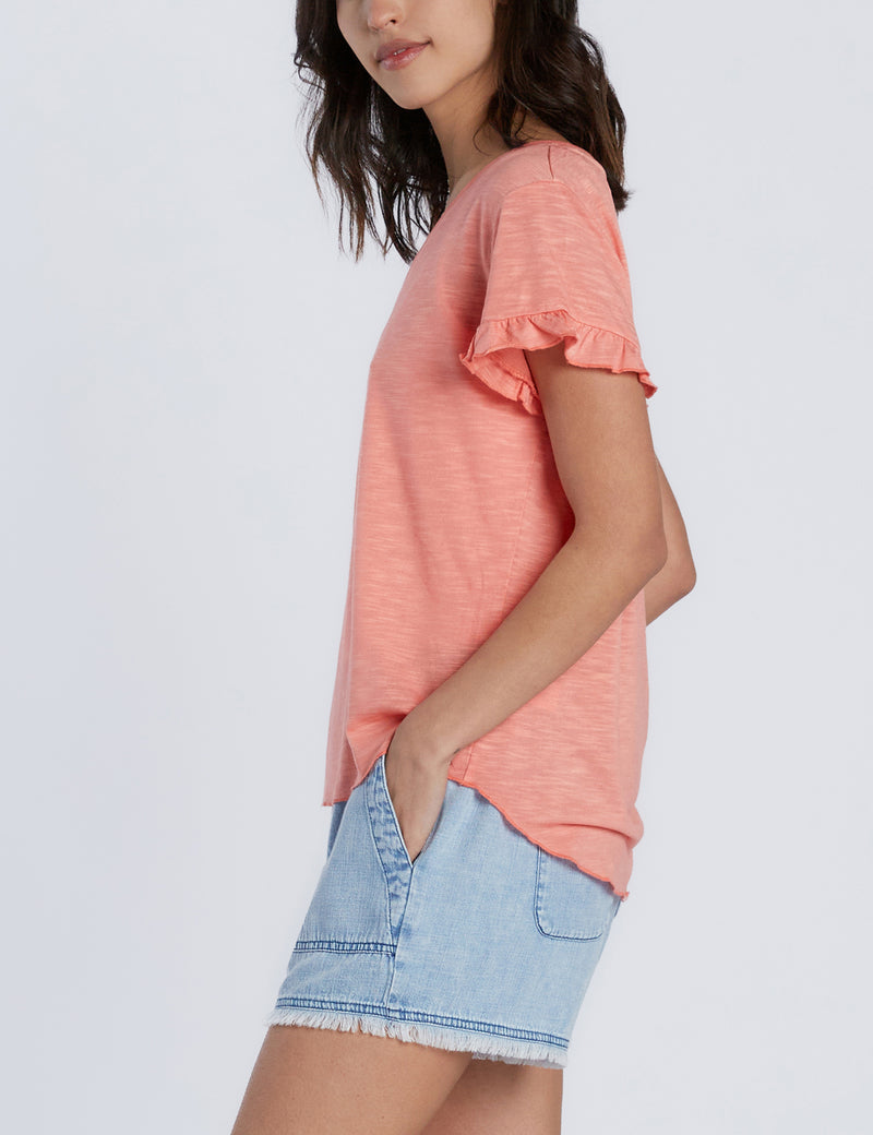 Ruffle Sleeve V-Neck Tee in Citrus Side View