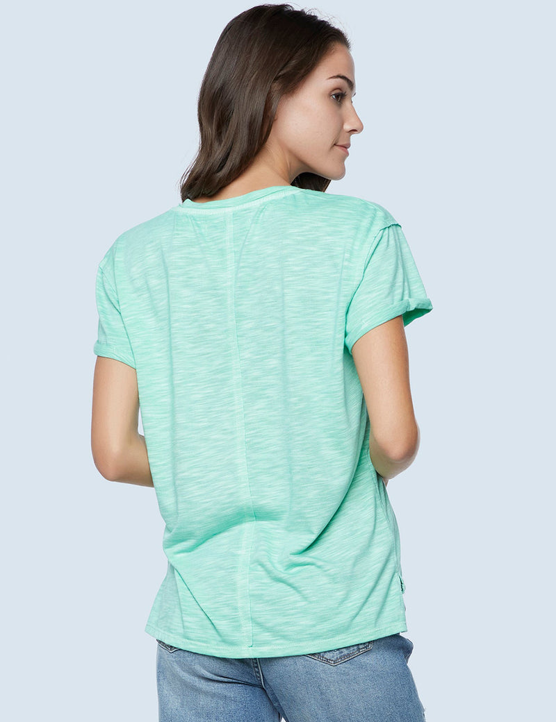 High-End Women's Fashion Brand Green V-Neck Slub Tee