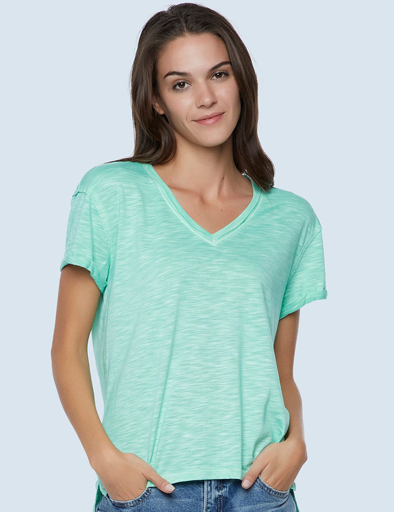 High-End Women's Fashion Brand Green V-Neck Slub Tee