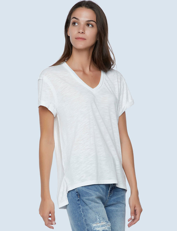 High-End Women's Fashion Brand Classic White Slub V-Neck Tee