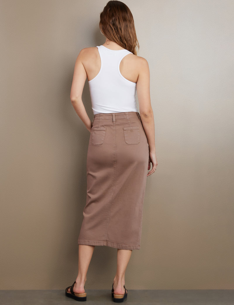 Daily Slit Denim Midi Skirt Khaki Back View