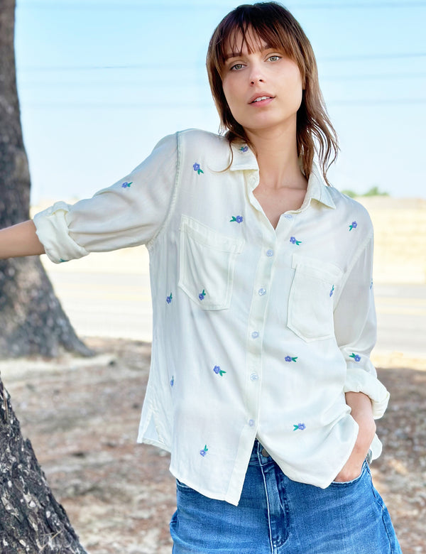 Daisy Embroidery Button Up Shirt in White Front View