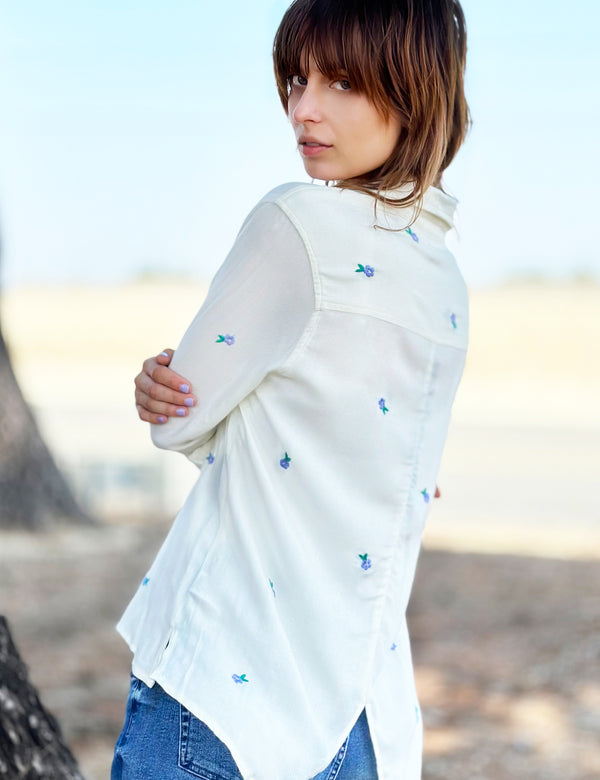 Daisy Embroidery Button Up Shirt in White Side View