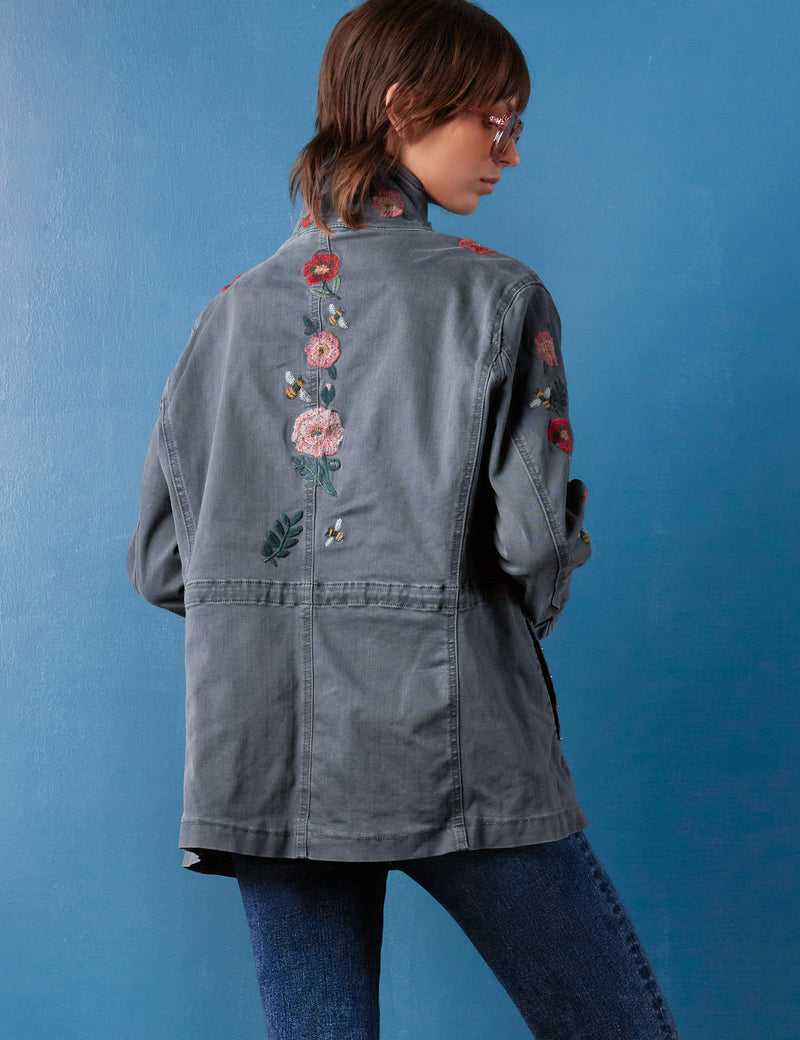 Women's Fashion Brand Dark Grey Floral Embroidered Jacket