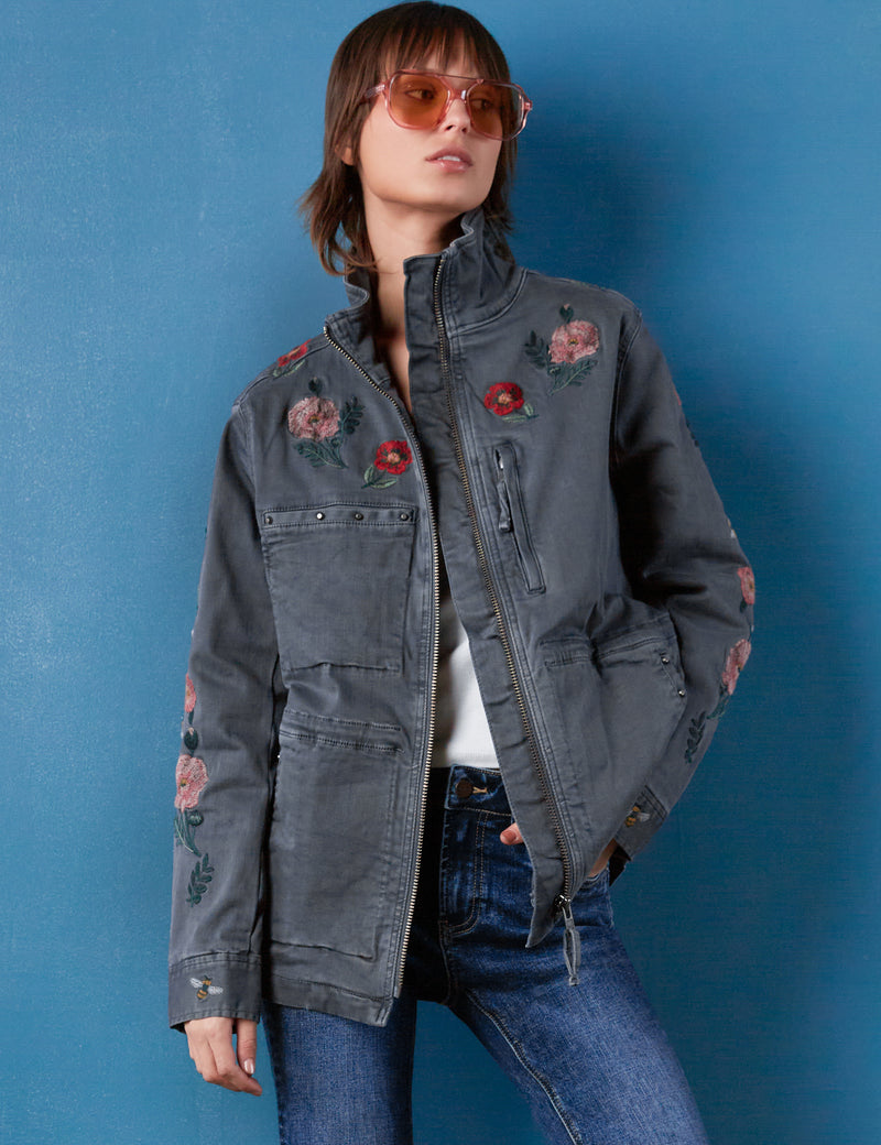 Women's Fashion Brand Dark Grey Floral Embroidered Jacket