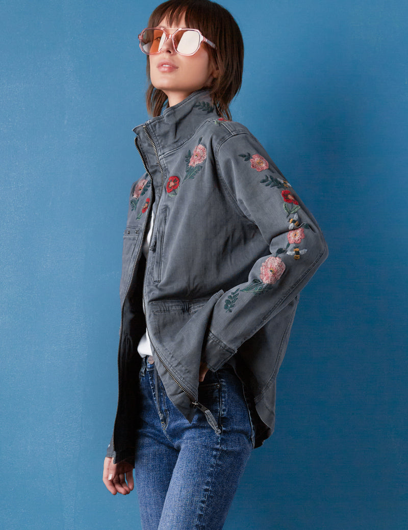 Women's Fashion Brand Dark Grey Floral Embroidered Jacket