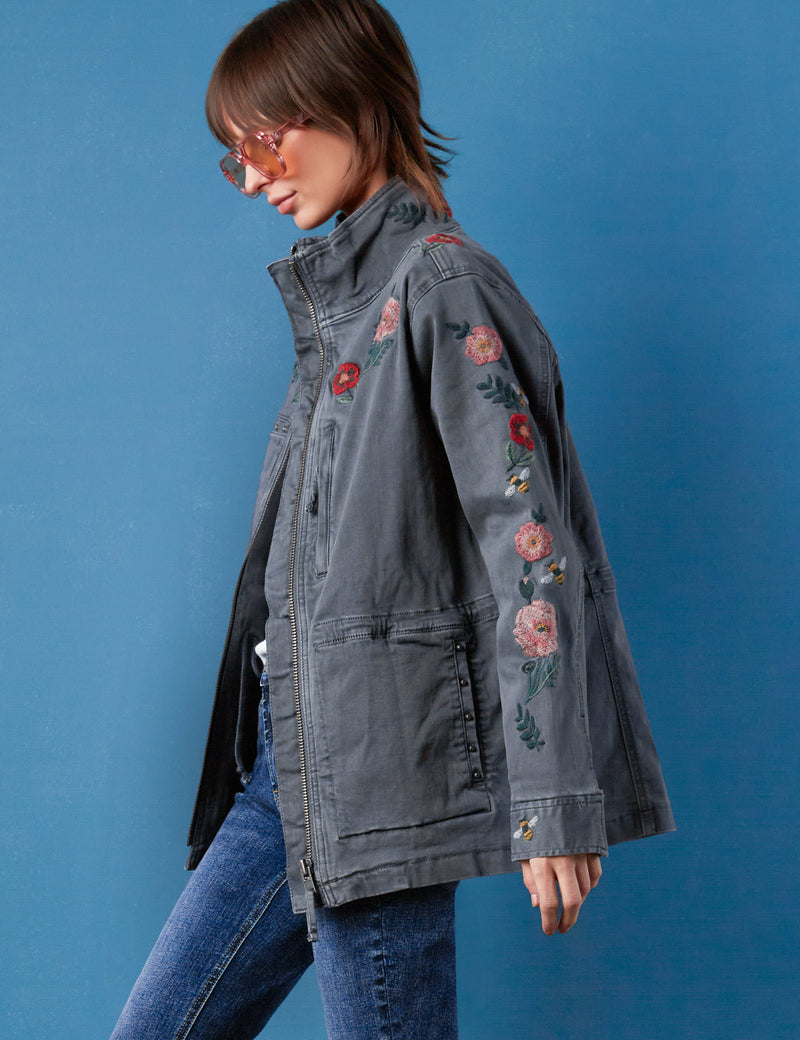 Women's Fashion Brand Dark Grey Floral Embroidered Jacket