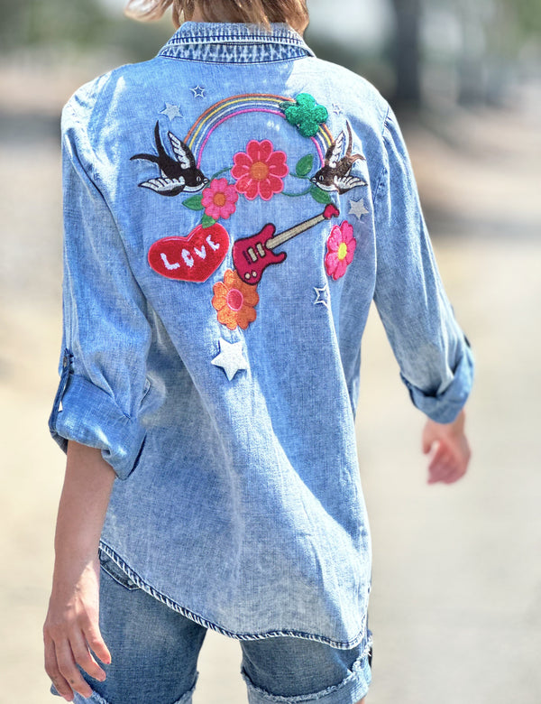 Women's Fashion Brand Best Selling Birds of a Feather Embroidery Denim Button Up Shirt Back View Outdoor Closeup