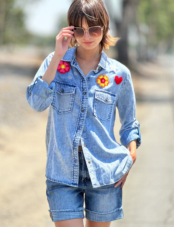 Women's Fashion Brand Best Selling Birds of a Feather Embroidery Denim Button Up Shirt Front View Outdoor