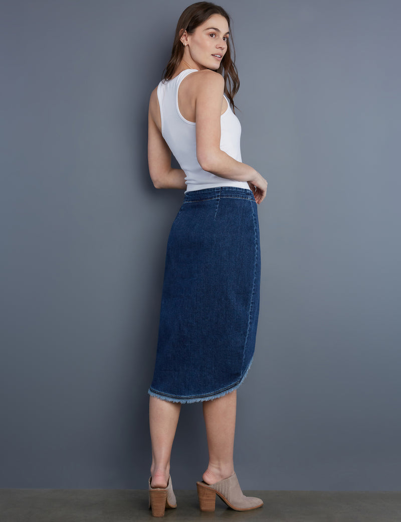 Women's Designer Fray Hem Button Front Denim Skirt