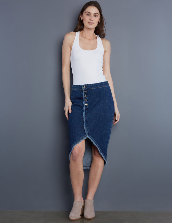 Women's Designer Fray Hem Button Front Denim Skirt