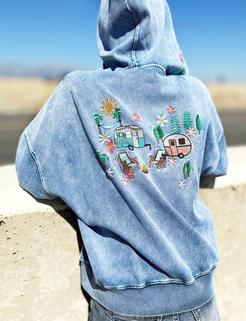 Women's Fashion Brand Best Selling Light Blue Camper Embroidered Hoodie