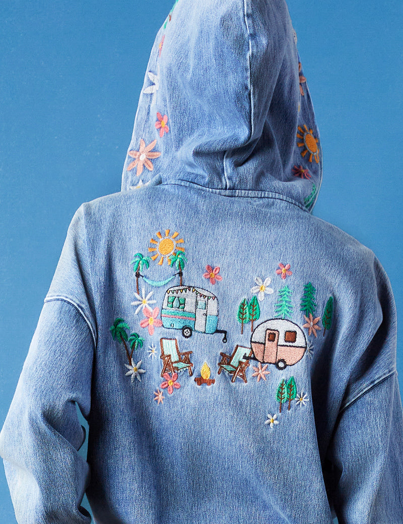 Women's Fashion Brand Best Selling Light Blue Camper Embroidered Hoodie