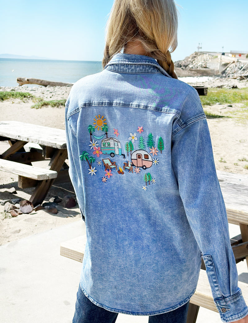 Women's Fashion Brand Denim Shacket with Camper Inspired Embroidery