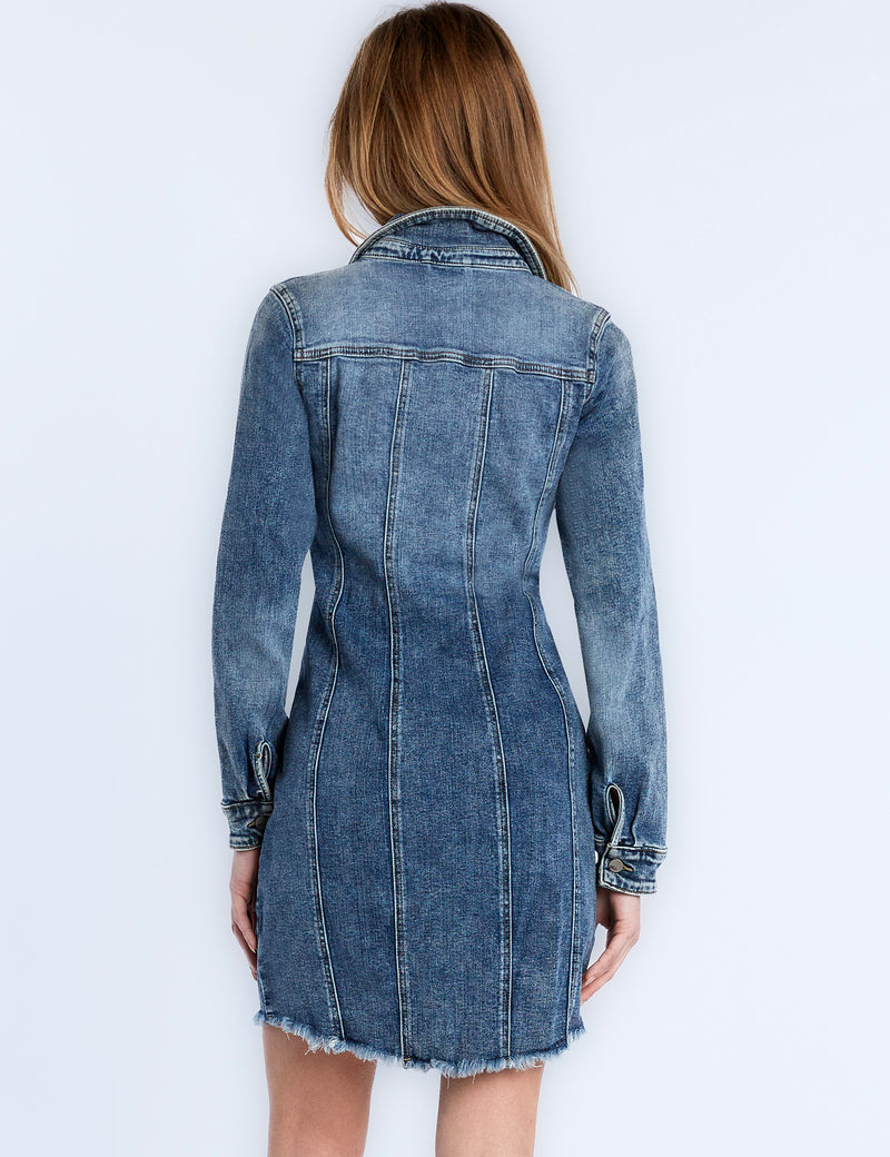 High-End Women's Fashion Brand Button Front Zipper Waist Detail Denim Dress