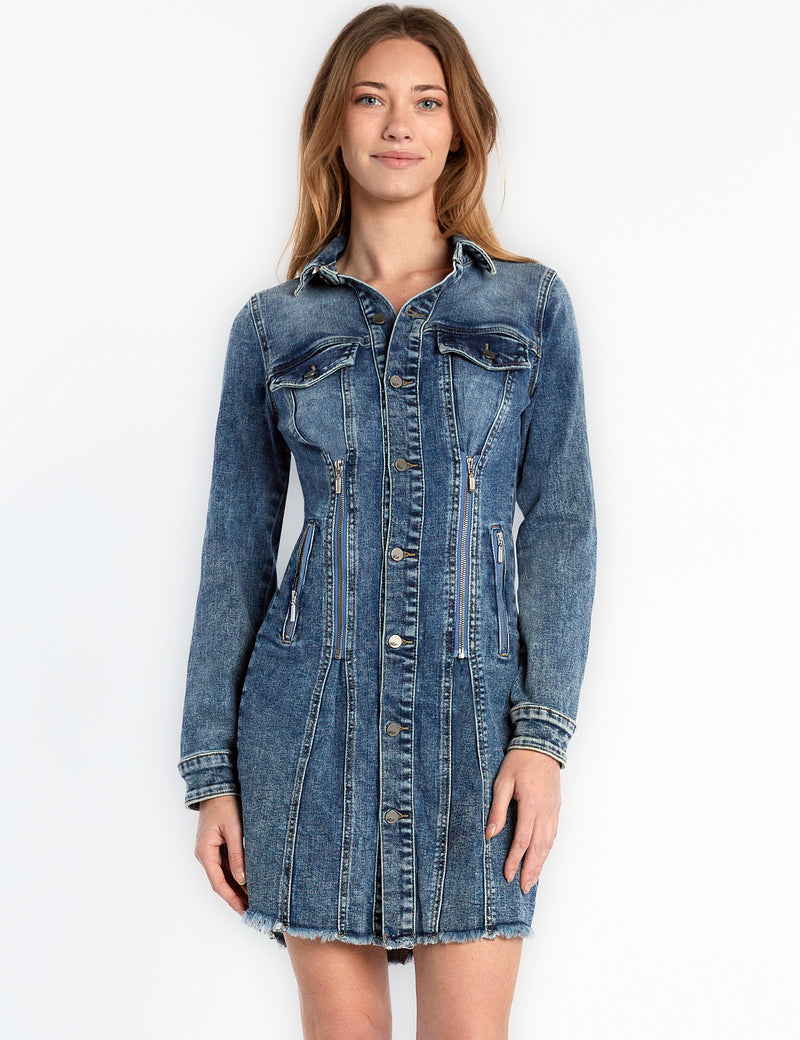 High-End Women's Fashion Brand Button Front Zipper Waist Detail Denim Dress