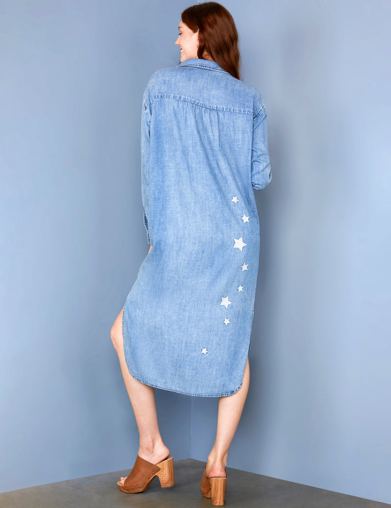 Women's Oversized Retro Embroidered Denim Shirtdress Back View