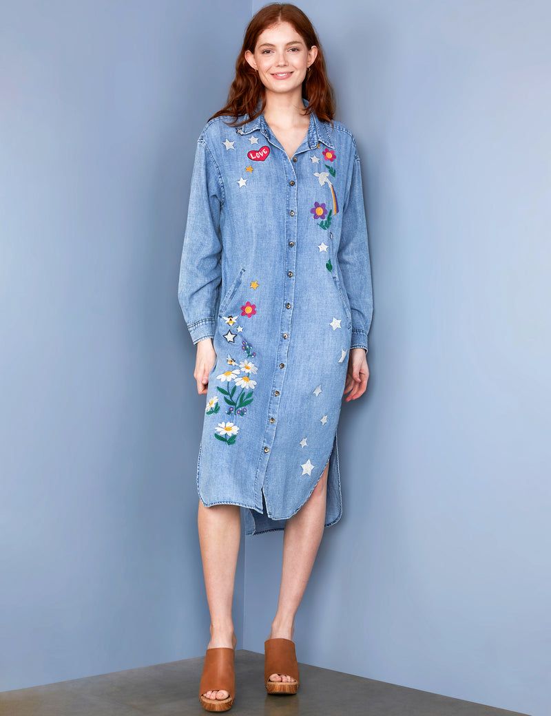 Women's Oversized Retro Embroidered Denim Shirtdress Front View