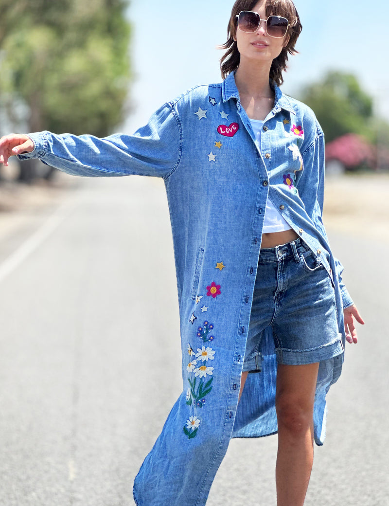 Women's Oversized Retro Embroidered Denim Shirtdress Front View