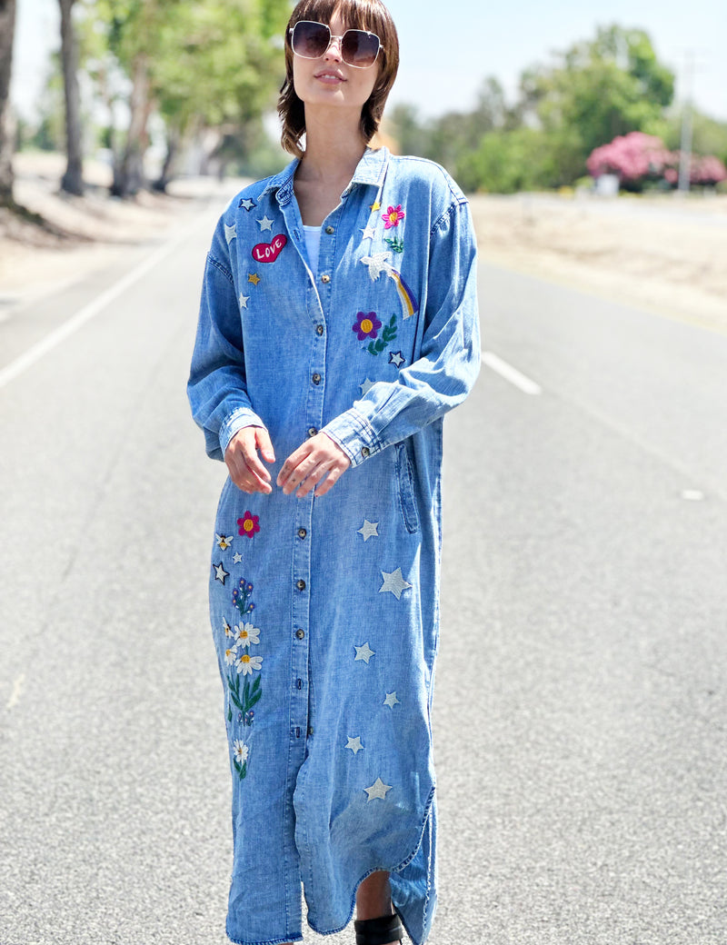 Women's Oversized Retro Embroidered Denim Shirtdress Front View