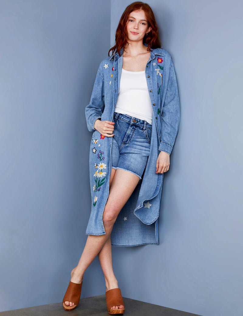 Women's Oversized Retro Embroidered Denim Shirtdress Front View