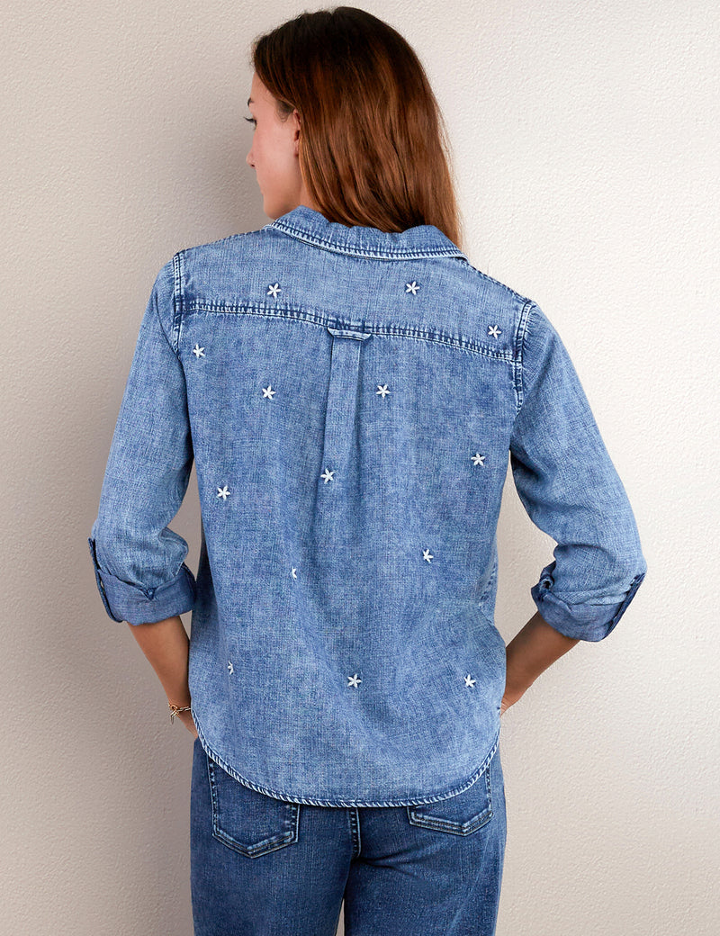 Women's Fashion Brand Denim Shirt with White Flower Star Embroidery