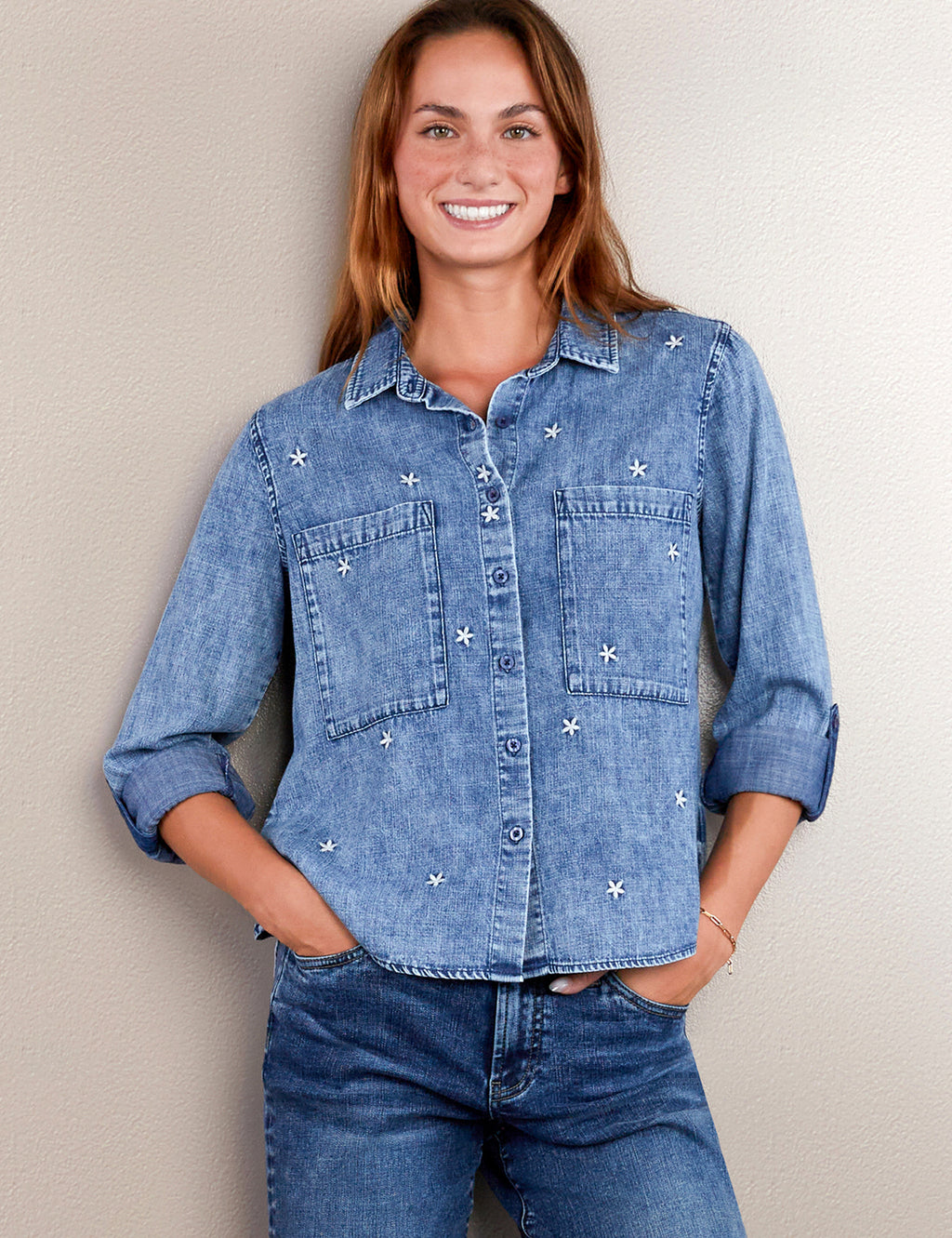 Women's Flower Embroidered Denim Shirt – Billy T – billytshop