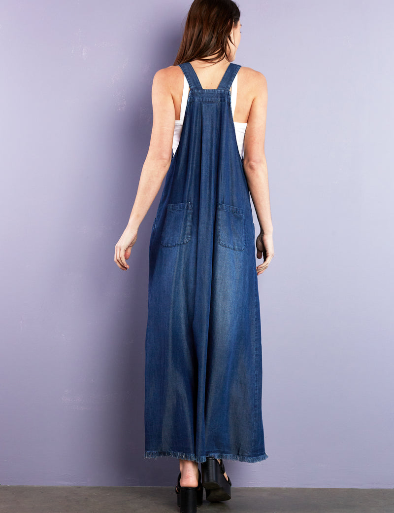 Women's Denim Jumper With Frayed Hem and Adjustable Straps