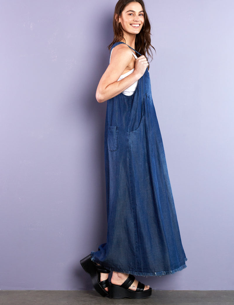 maxi denim jumper dress Long Denim Jumper