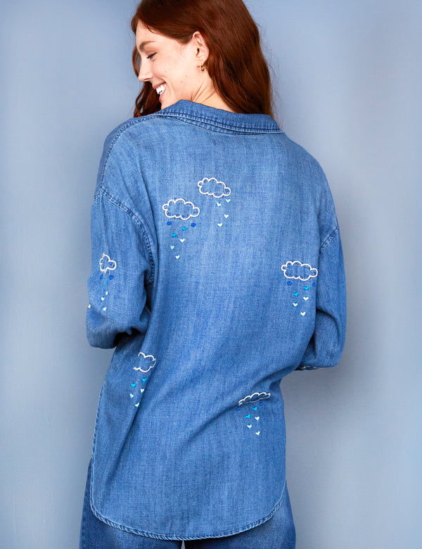 Women's Designer Brand Cloud Embroidery Denim Shirt