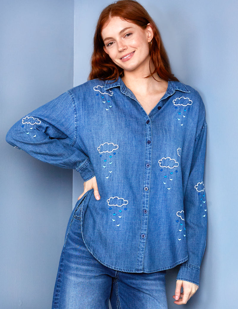 Women's Designer Brand Cloud Embroidery Denim Shirt