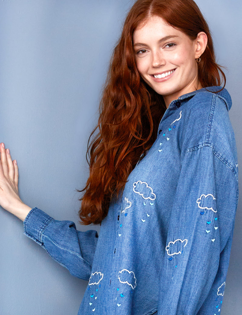 Women's Designer Brand Cloud Embroidery Denim Shirt