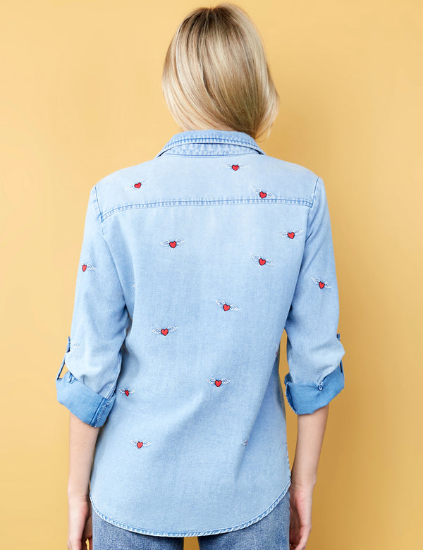 Women's Fashion Brand Denim Shirt with Heart Wings Embroidery