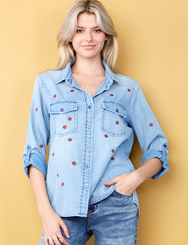 Women's Fashion Brand Denim Shirt with Heart Wings Embroidery