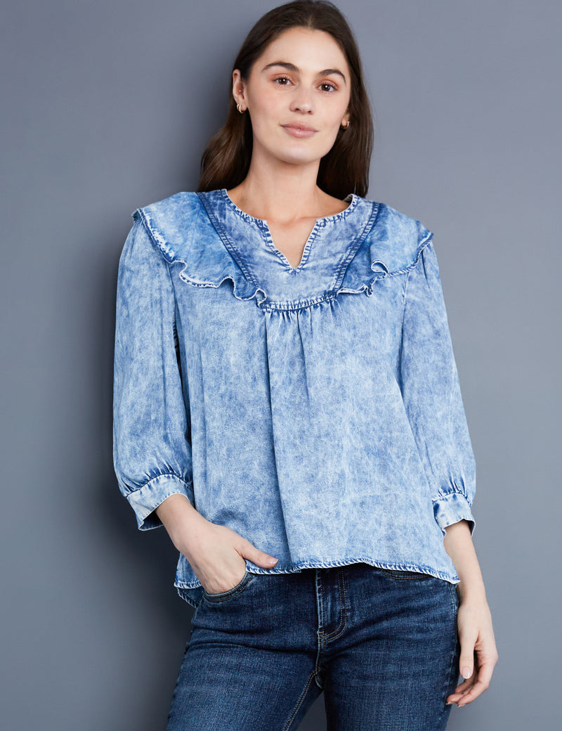 Women's Fashion Brand Ruffle V-Neck Acid Wash Printed Blouse