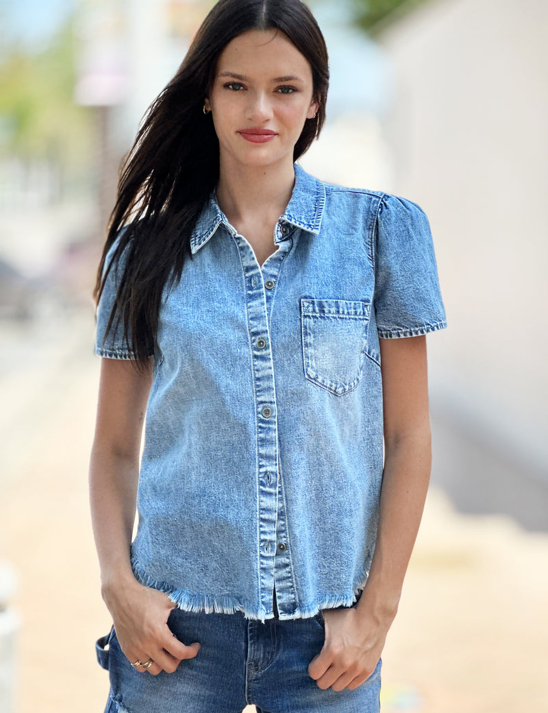 Denim Crop Top Denim Bubble Front View