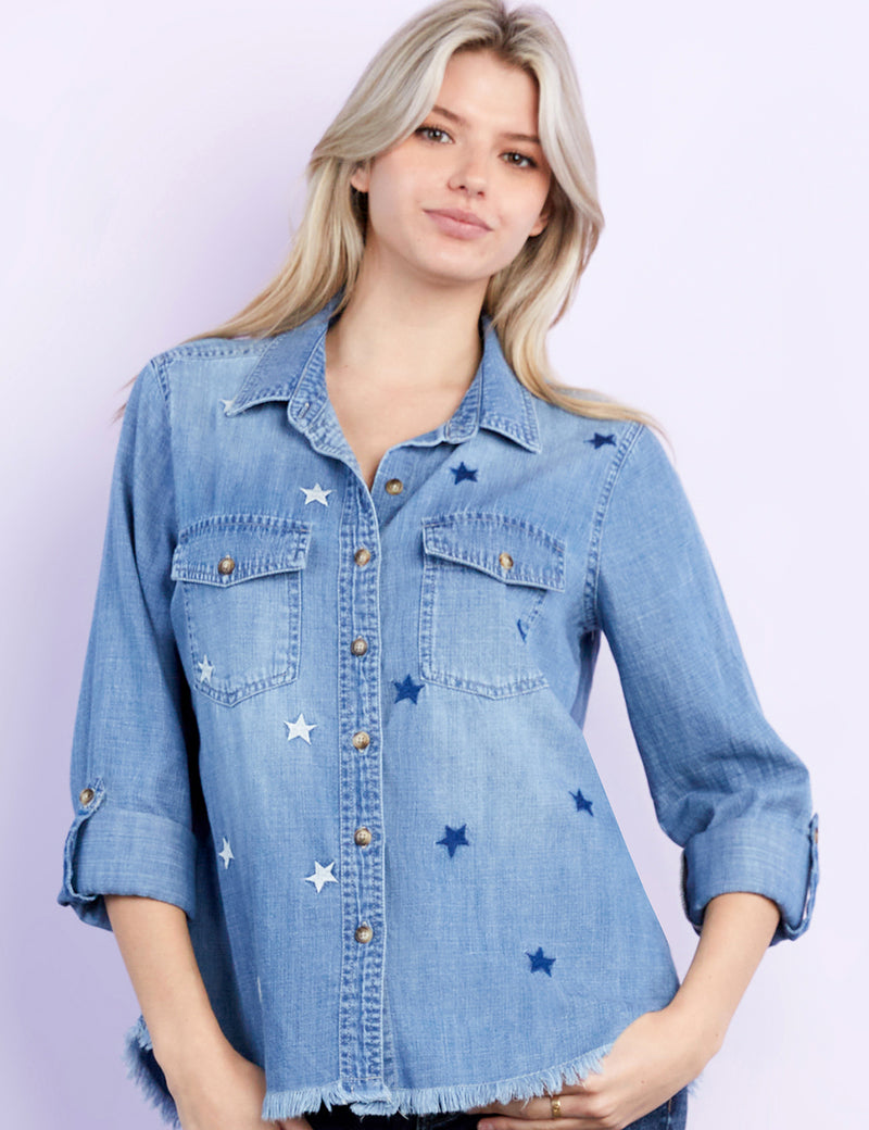 Women's Fashion Brand Star Embroidered Denim Shirt