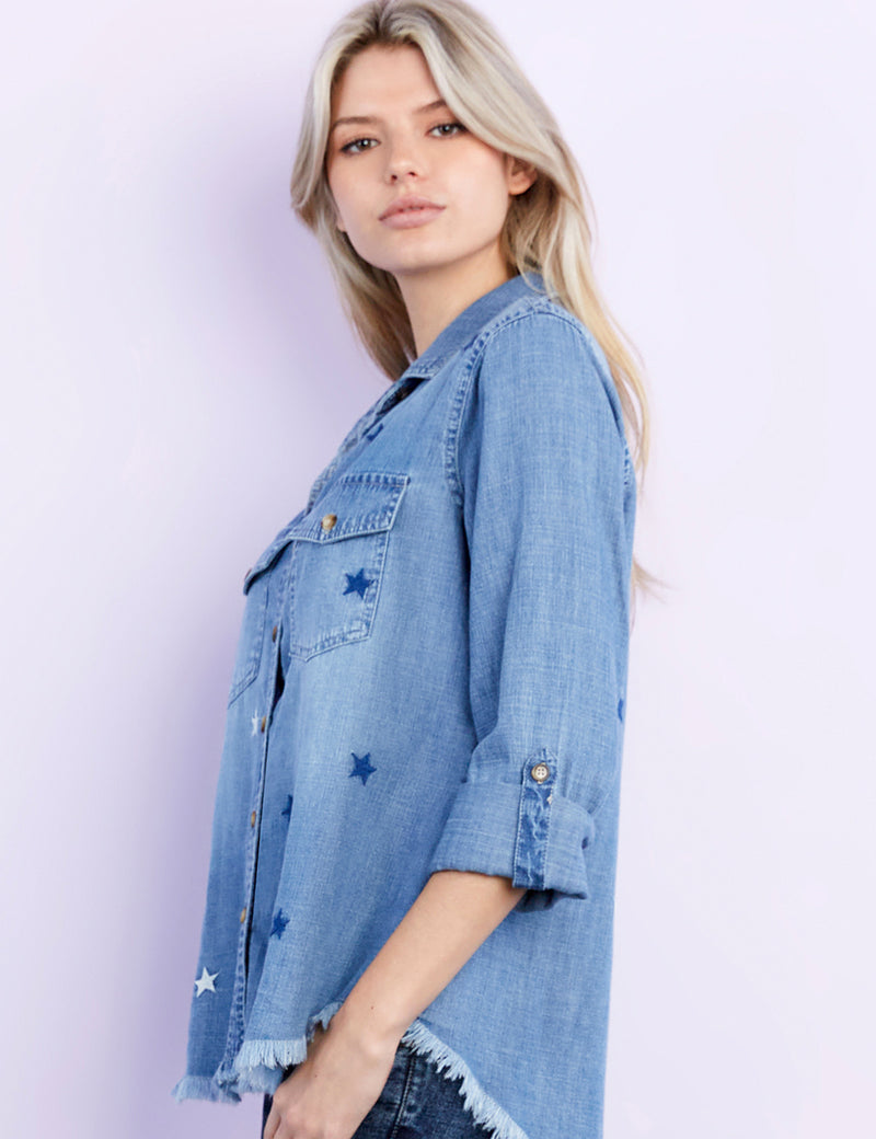 Women's Fashion Brand Star Embroidered Denim Shirt