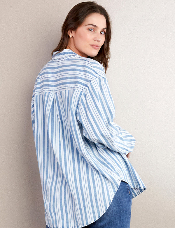 Women's Fashion Brand Blue Stripes Button Down Shirt