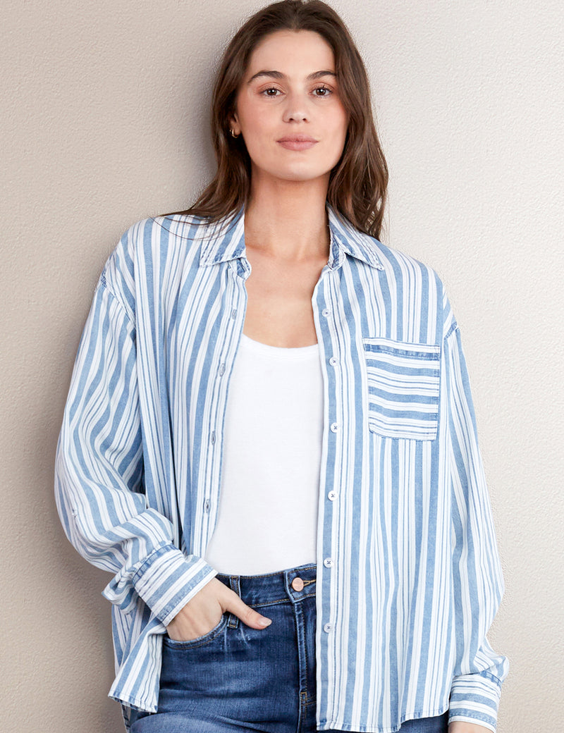 Women's Fashion Brand Blue Stripes Button Down Shirt