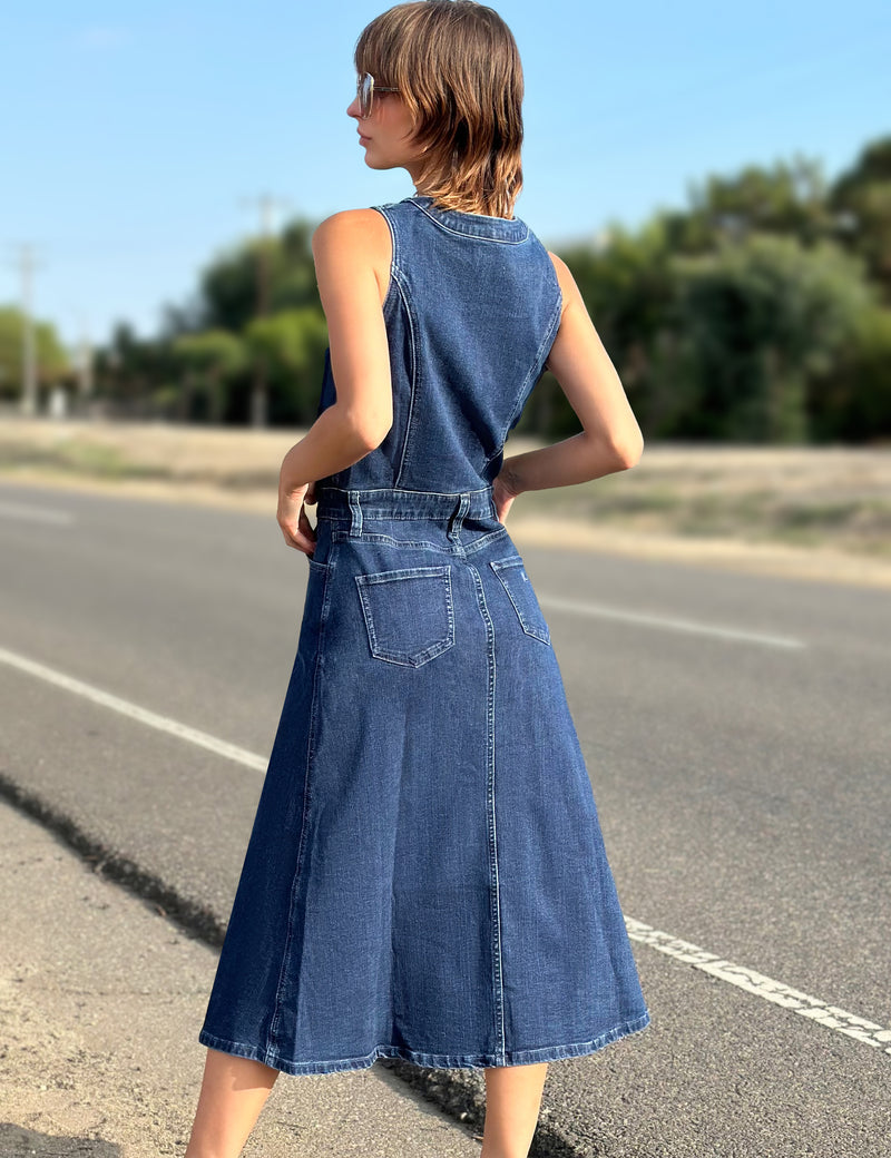 Women's Fashion Brand Dark Wash Denim Sleeveless A-Line Shirtdress Outdoors