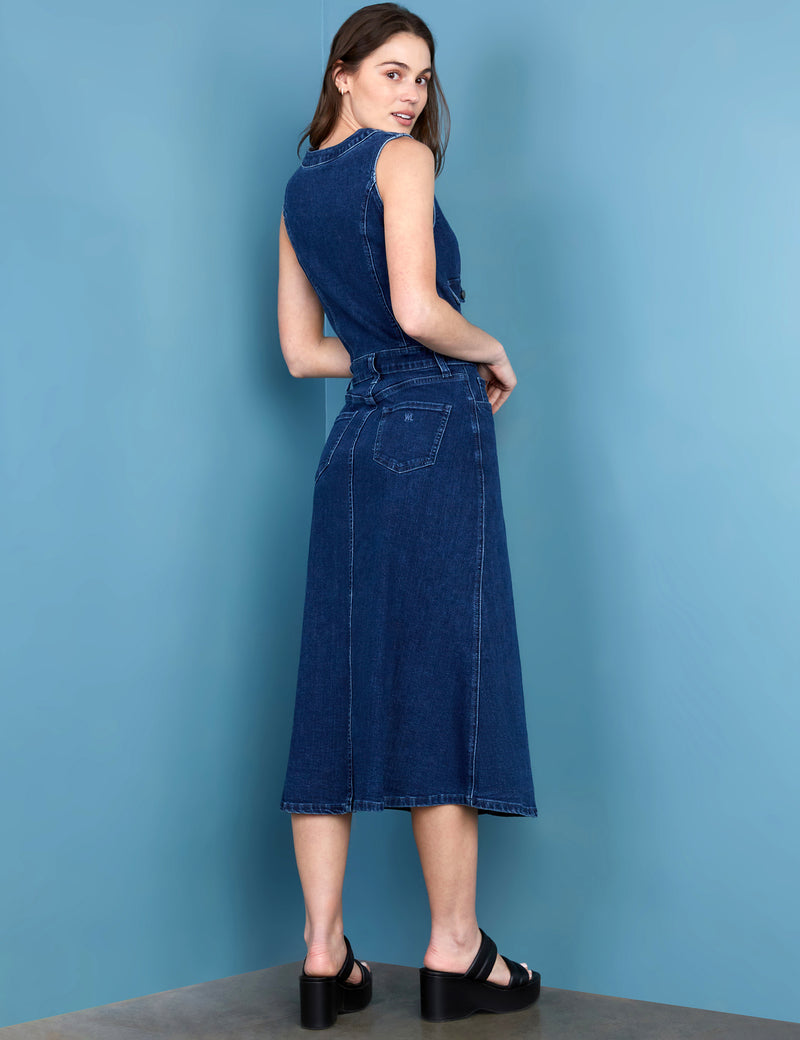 Women's Fashion Brand Dark Wash Denim Sleeveless A-Line Shirtdress